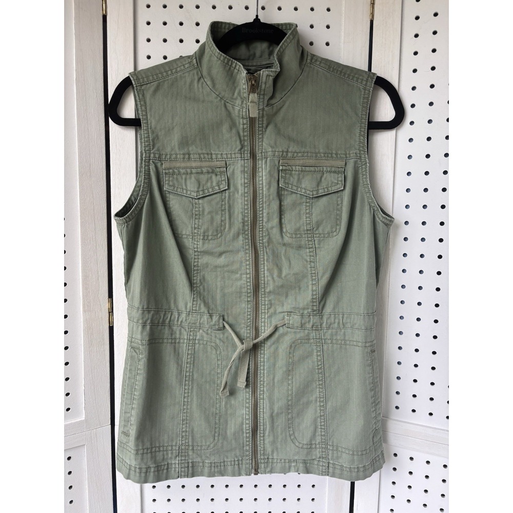 Merona Khaki Green Zip Utility Cotton Vest Full Zip Drawstring Women's Small‎